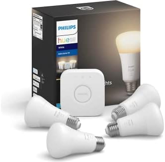 Стартов комплект умни лампи Philips Hue Soft White A19 E26 с регулируема яркост 4 бр. и възел (гласова съвместимост с