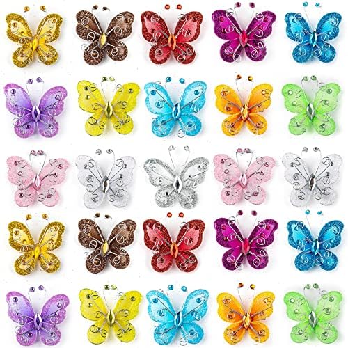 Framendino, 26 опаковки цветни прозрачни етажа блестящи пеперуди от найлон органза, поделочных пеперуди за сватба, украса на маса за домашното парти