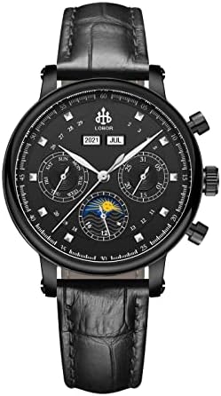Дамски Автоматичен часовник LOBOR 35 мм и с Циферблат Месеца, седмицата, дата и 24-Часова фаза на Луната, Кожени Часовници
