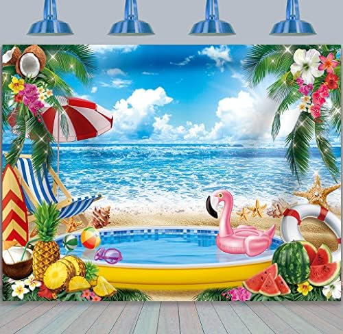BINQOO 8x6ft Летен Плажен Фон за парти Край Басейна, Тропически Палми Дъска за сърф На Брега на Морето Здравейте Лято