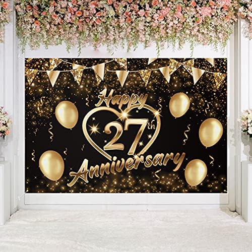 Честит Фона на 27–та Годишнина, Банер, Декор, Черно Злато, Блестящо Сърцето си за Любовта, Лъки 27-та Годишнина от Сватба,