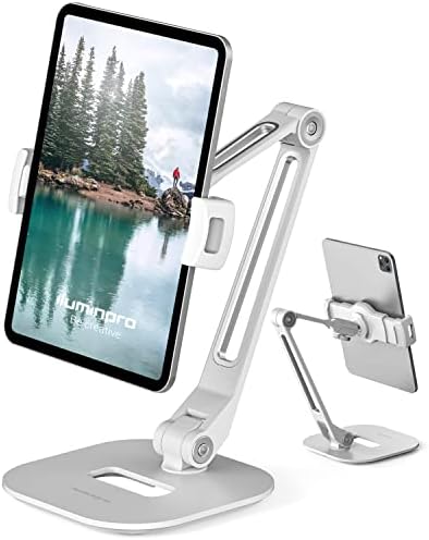 Преносим стойка за таблет ILUMINPRO iPad с Алуминиев Регулируем Дълъг лост и здрава основа, въртяща се на 360 градуса поставка и държач телефон за всевъзможни смарт-устрой?