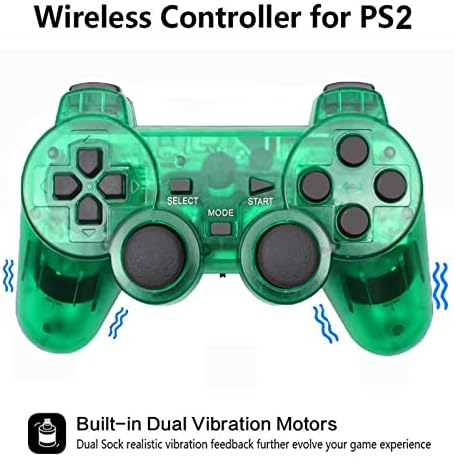 Безжичен контролер JINHOABF за PS2, вграден джойстик с двойна вибрация 2.4 G Gamepad, който е Съвместим с Playstation 2, с безжични приемници (прозрачно-синьо и прозрачно-зелен)