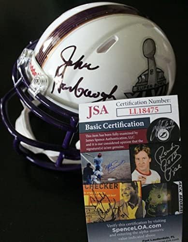 Мини-Футболен каска SB XLVII Рейвънс с автограф на Джон Harbaugh с / JSA COA LL18475 - Каски NFL с автограф