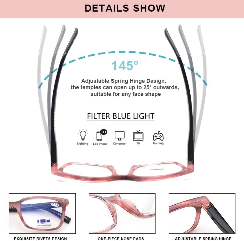 Комплект от 3 теми, Блокер Синя Светлина Компютърни Очила За Четене, Модни Квадратни Очила за Четене с Пружинным тръба на шарнирна Връзка, за Жени, Удобни Очила