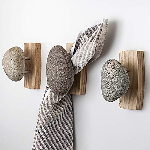 Крайбрежен кука Sea Стоунс - Кука за дрехи - Монтиране на куката от естествен камък, ръчно изработени с елегантна дървена