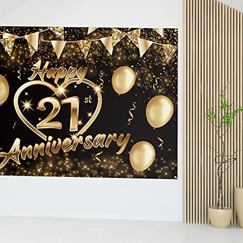 Честит Фон за 21–Та Годишнина от Банер Декор на Черно Злато - Блестящо Сърце на Любовта Честит 21 Година, Годишнина от