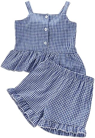 Xbgqasu/ Облекло за бебета, тениска в клетката копчета без ръкави с волани за малки момичета, Блузи, къси Панталони с