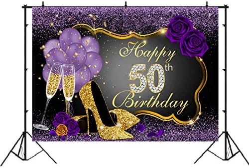 Честит Фонове с 50-годишнината, Блестящо Пурпурни точки и Златна рамка, Фон за Снимки, Украса за парти, балони с цветя,