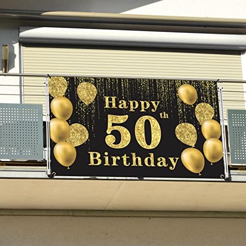 Банер с Надпис Crenics Happy 50th Birthday Background, Много Голям Фон за Снимка на 50-Ия ден от Раждането, Черни Златни